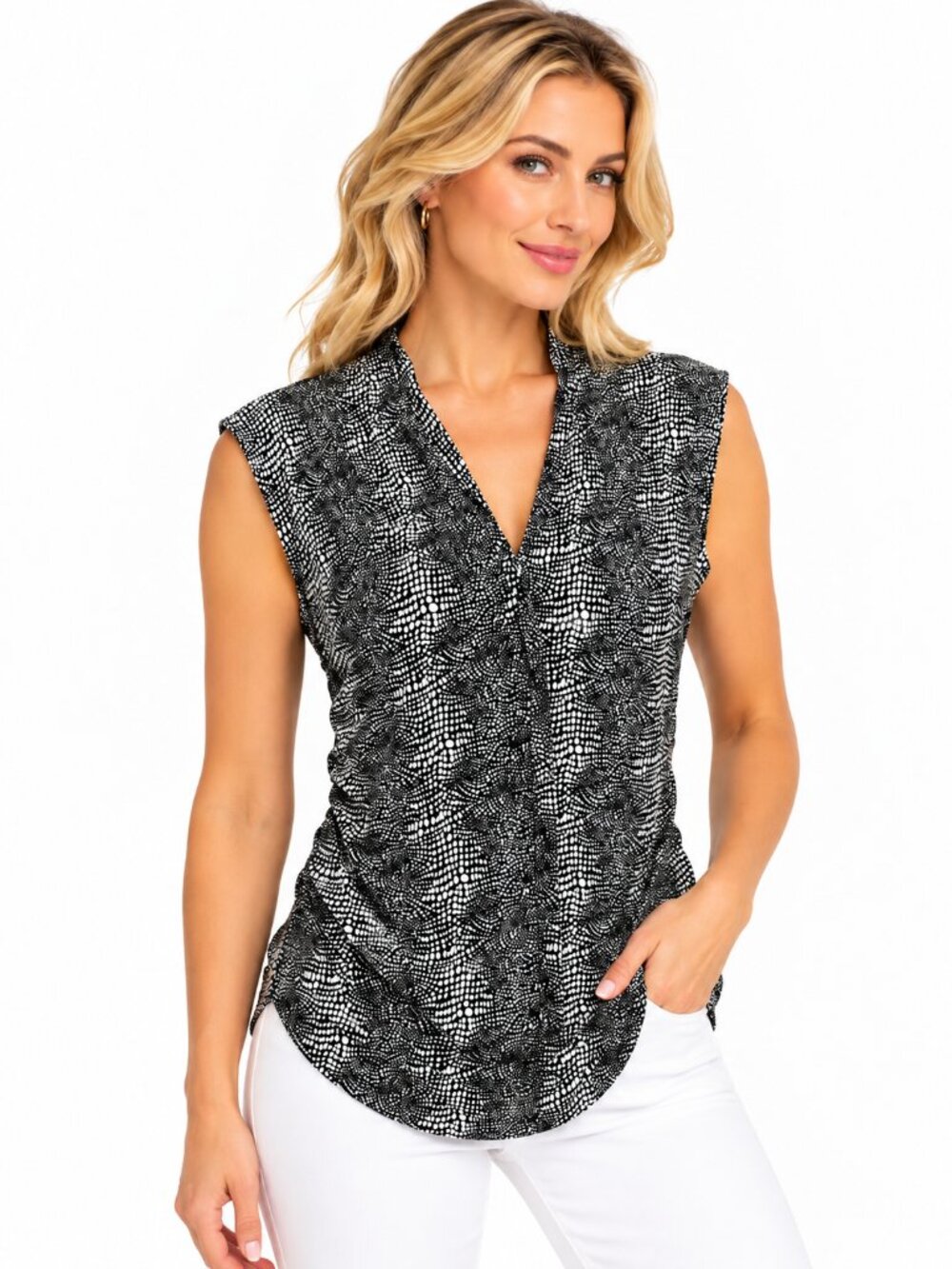 Rose & Olive Black White Printed Sleeveless V-Neck Ruched Top M